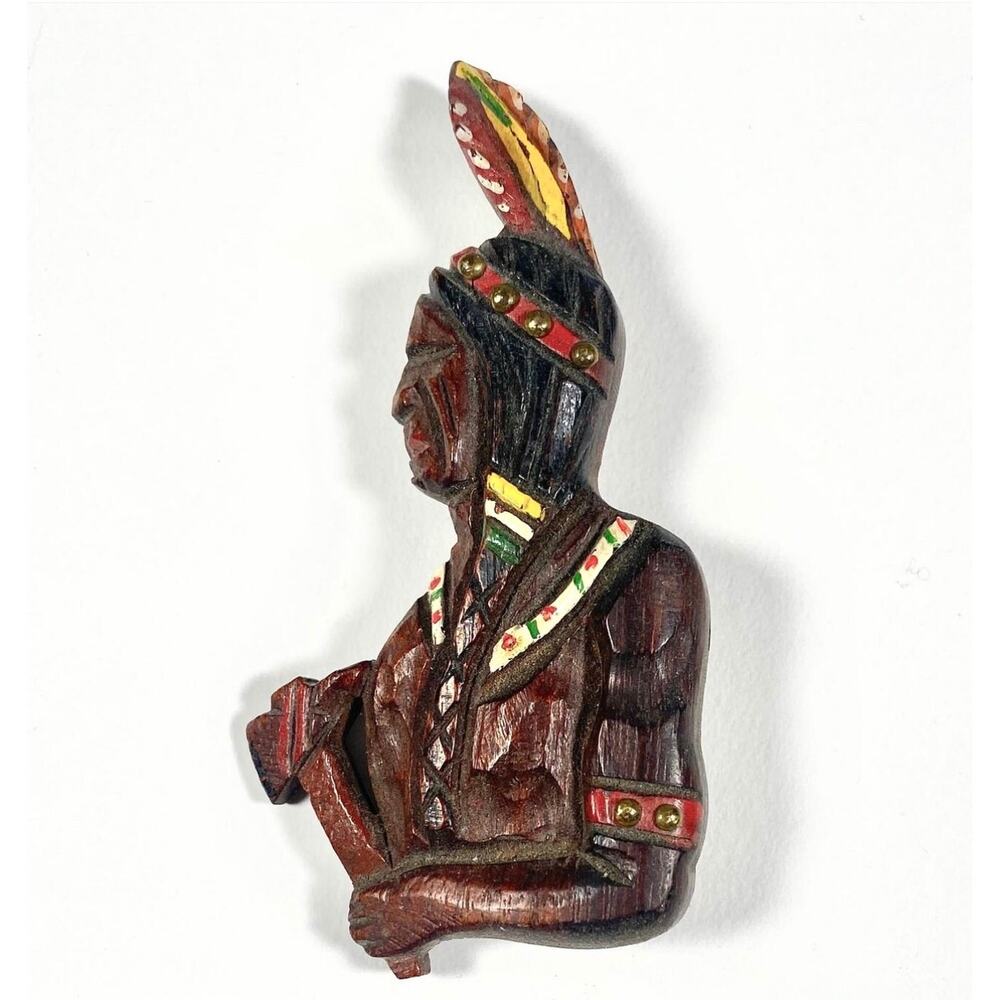 Vintage Wood Indian Brooch, 1940's Painted